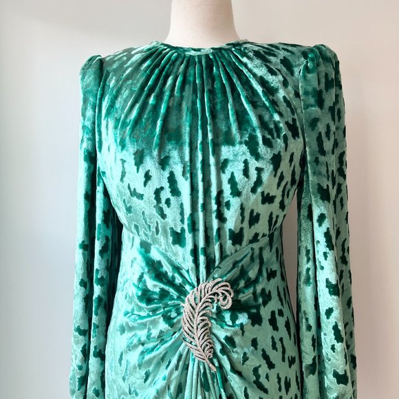 1980s RARE Oscar de la Renta green Velvet evening dress gown - Picture 3 of 10
